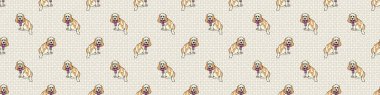 Elle çizilmiş şirin spanyel köpek yavrusu pembe yay cinsi, kusursuz vektör kenarı var. Pençe arka planında safkan evcil köpek. Her yerde köpek sever İngiliz av hayvanı var. EPS 10.