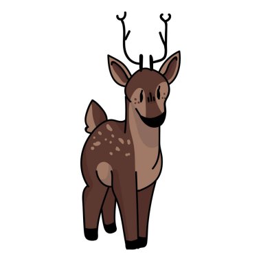 Şirin orman geyiği çizimi. Boynuzlu geyik. Çocuksu bir el çizimi. Oyun hayvan dekoru için, boho çocuklar moda, moda karalama orman grafik tasarımı. 