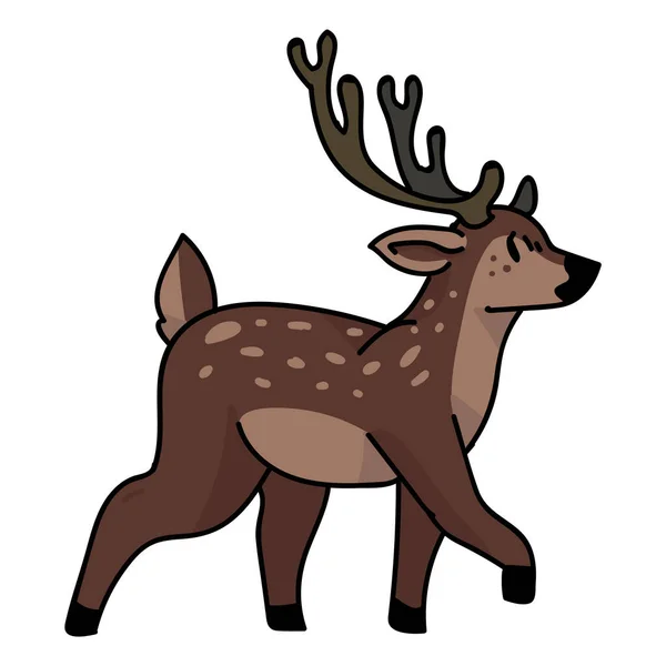 Lindo bosque caminando venado vector ilustración. Ciervo con cuernos. Estilo garabato dibujado a mano infantil. Para la decoración de animales de juego, moda boho kids, diseño gráfico de doodle forest de moda . — Vector de stock