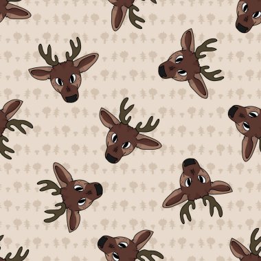 Kawaii çizgi filminde geyik yüzü pürüzsüz desenli. Sevimli dişi geyik, düz renkli arka plan. Çocuksu el çizimi tarzı. Bebek odası dekoru, boho çocuk modası, orman kumaşı..