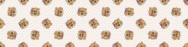 El çizimi şirin pomeranian yüzü pembe yay köpek yüzlü, kenarları pürüzsüz. Safkan, evcil köpek geçmişi. Köpek sever yumuşacık tükürük evcil hayvan washi kurdelesi. Köpek kulübesi EPS 10. 