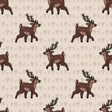 Sevimli çizgi film geyiği, kusursuz geyik deseni. Sevimli dişi geyik, düz renkli arka plan. Çocuksu el çizimi tarzı. Bebek odası dekoru, boho çocuk modası, orman kumaşı..