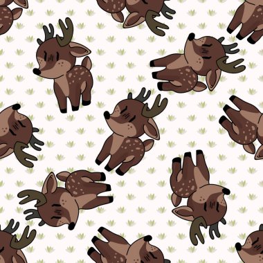 Kawaii çizgi filmindeki geyik deseni. Sevimli dişi geyik, düz renkli arka plan. Çocuksu el çizimi tarzı. Bebek odası dekoru, boho çocuk modası, orman kumaşı..