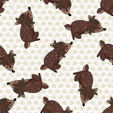 Kawaii çizgi filmi geyik derisi, kusursuz desen. Sevimli dişi geyik, düz renkli arka plan. Çocuksu el çizimi tarzı. Bebek odası dekoru, boho çocuk modası, orman kumaşı..