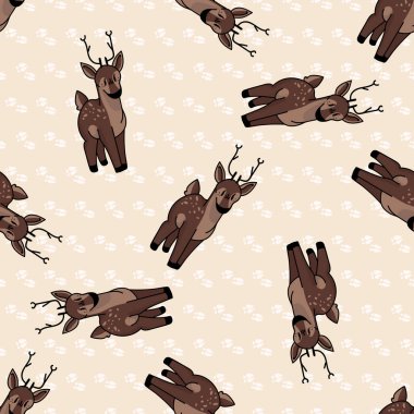 Geyik derisi desenli şirin çizgi film. Sevimli dişi geyik, düz renkli arka plan. Çocuksu el çizimi tarzı. Bebek odası dekoru, boho çocuk modası, orman kumaşı..