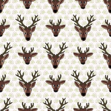 Kawaii çizgi filminde geyik yüzü pürüzsüz desenli. Sevimli dişi geyik, düz renkli arka plan. Çocuksu el çizimi tarzı. Bebek odası dekoru, boho çocuk modası, orman kumaşı..