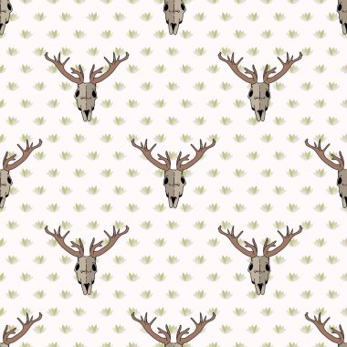 Kawaii çizgi filminde geyik kafatası, kusursuz desen. Boynuz geçmişi olan sevimli bir dişi geyik. Çocuksu el çizimi tarzı. Bebek odası dekorasyonu için Orman Tekstili. 