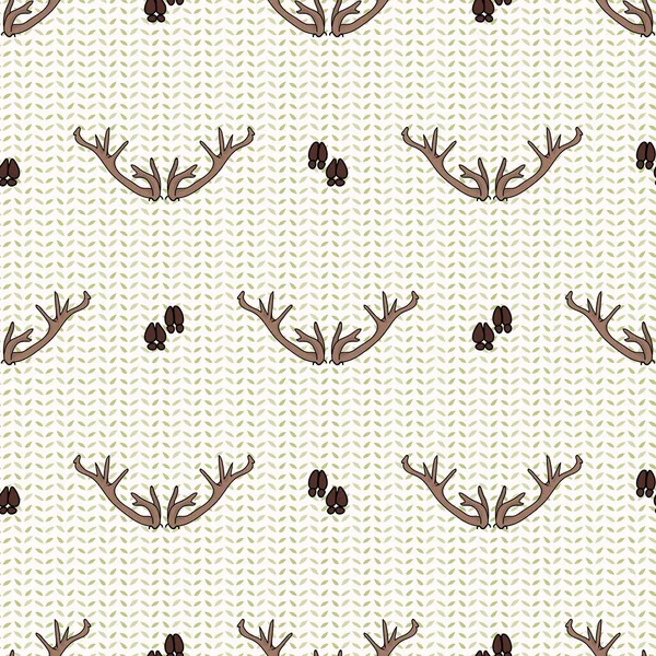 Linda cornamenta de ciervo patrón sin costura. Hoof print fondo de color plano. Bosque dibujado a mano animal cuerno garabato estilo. Para textiles forestales, naturaleza rústica por todo el estampado. Muestra dibujada simple — Vector de stock