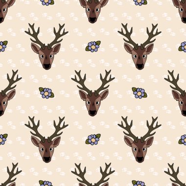 Geyik suratlı şirin çizgi film deseni. Sevimli dişi geyik, düz renkli arka plan. Çocuksu el çizimi tarzı. Bebek odası dekoru, boho çocuk modası, orman kumaşı..