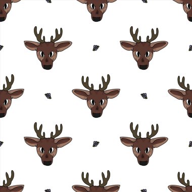 Çiçeksiz desenli şirin karikatür geyik suratı. Sevimli dişi geyik, düz renkli arka plan. Çocuksu el çizimi tarzı. Bebek odası dekoru, boho çocuk modası, orman kumaşı..