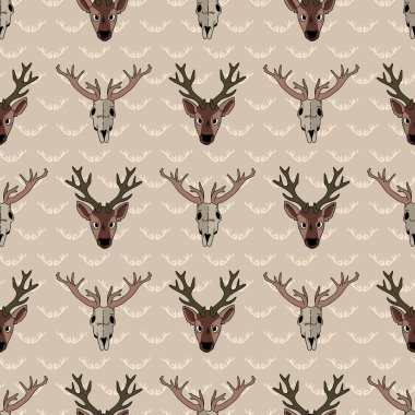 Kawaii karikatür geyiği, kafatası hayvani desenli. Boynuz geçmişi olan sevimli bir dişi geyik. Çocuksu el çizimi tarzı. Bebek odası dekorasyonu için Orman Tekstili. 