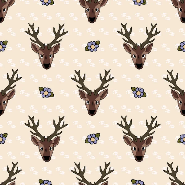 Cute cartoon deer face seamless pattern. Cute doe animal flat color background. Childish hand drawn doodle style. For baby nursery decor, boho kids fashion, woodland swatch.