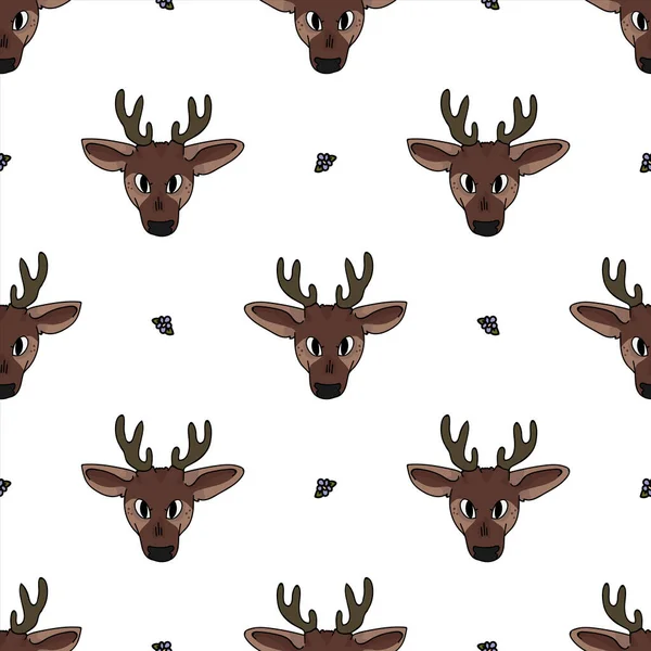 Cute cartoon deer face with flower seamless pattern. Cute doe animal flat color background. Childish hand drawn doodle style. For baby nursery decor, boho kids fashion, woodland swatch.