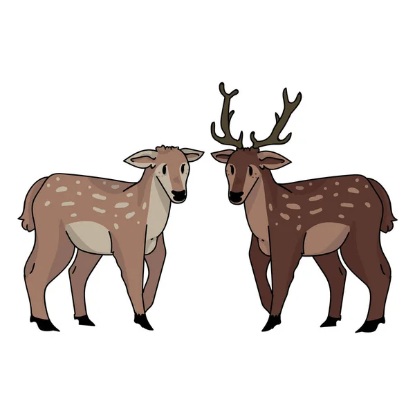 Leuke bos doe en hert liefde vector illustratie. Herten met gewei. Childlish met de hand getekend doodle stijl. Voor game animal decor, boho kids mode, trendy doodle woodland grafisch ontwerp. — Stockvector