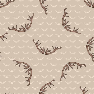 Kawaii geyik boynuzu desenli. Toynak izi düz arkaplan rengi. Elle çizilmiş orman hayvanı boynuzu çizimi. Orman tekstili için, her yer kırsal. Basit çizilmiş kumaş parçası