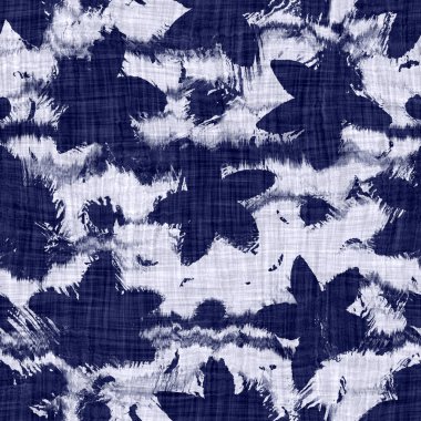 İndigo mavisi örülmüş boro pamuk boyanmış doku arka planı. Kusursuz Japonlar batik numunelerini tekrarlıyor. Daisy motif acil durum kravat boyası çamaşır suyu. Kimono tekstiline Asya dalgası bulaşmış. Giysi izi.