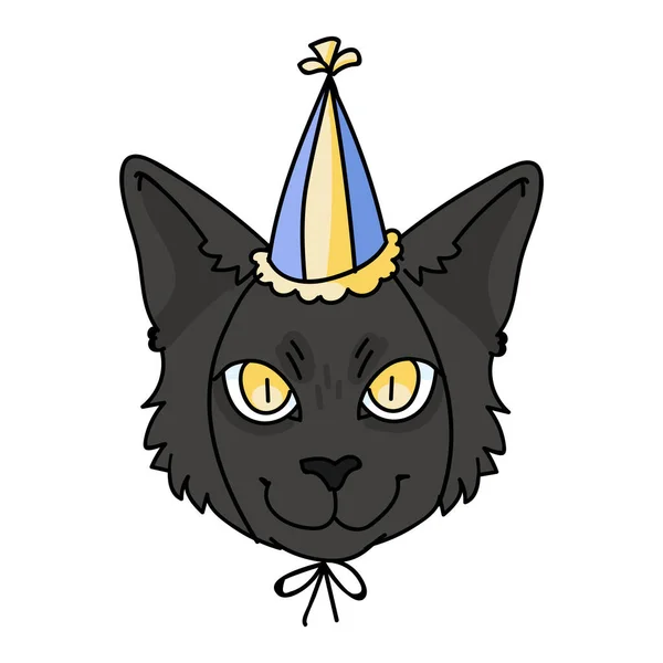 Schattig cartoon bombay kitten gezicht met party hat vector clipart. Stamboom katje ras voor kattenliefhebbers. Viering kat voor huisdier salon illustratie mascotte. Geïsoleerde katachtige huiskat. EPS 10. — Stockvector