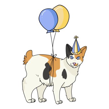 Parti şapkası klipli şirin bir oyuncak bebek kedi. Kedi sevenler için soylu kedi yavrusu. Evcil hayvan salonu illüstrasyon maskotu için yavru kedi kutlaması. İzole kedi barınağı. EPS 10.