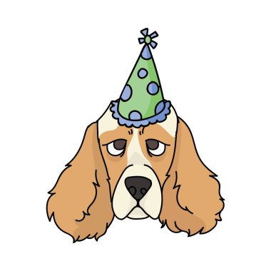 Parti şapkası klipli şirin çizgi film cocker spaniel köpek suratı. Pedigree köpek severler. Balon çizim maskotu için safkan evcil köpek yavrusu. İzole edilmiş İngiliz av köpeği cinsi. EPS 10. 