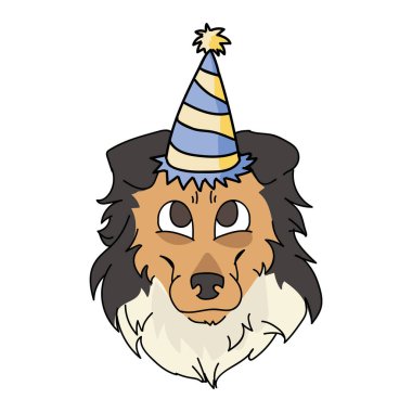 Parti şapkası klipli şirin bir çizgi film kabadayı köpek suratı. Köpek severler için soylu köpek barınağı. Kutlama illüstrasyon maskotu için safkan evcil köpek yavrusu. İzole köpek kabarıklığı. EPS 10. 