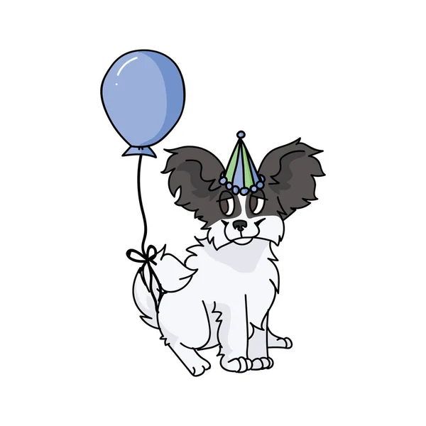 Carino cartone animato papillon cucciolo con partito cappello vettore clipart. Pedigree cane canile razza per gli amanti dei cani. Cane domestico purosangue per la celebrazione illustrazione mascotte. Isolato canino soffice. EPS 10 . — Vettoriale Stock