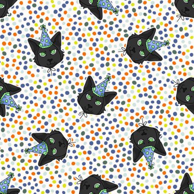 Güzel çizgi film Bombay kedi suratlı parti şapkası ve kusursuz vektör desenli. Soylu kedicik, evcil kedi soyundan geliyor. Kedi sevdalısı kutlaması her yerde. Kedi EPS 10. 