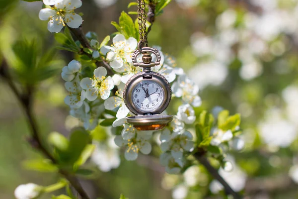 A ticking clock against a background of flowering trees. Nature.