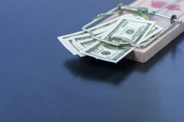 Amerikan doları banknotları bir fare kapanına yakın plan siyah bir sırt çantasına.