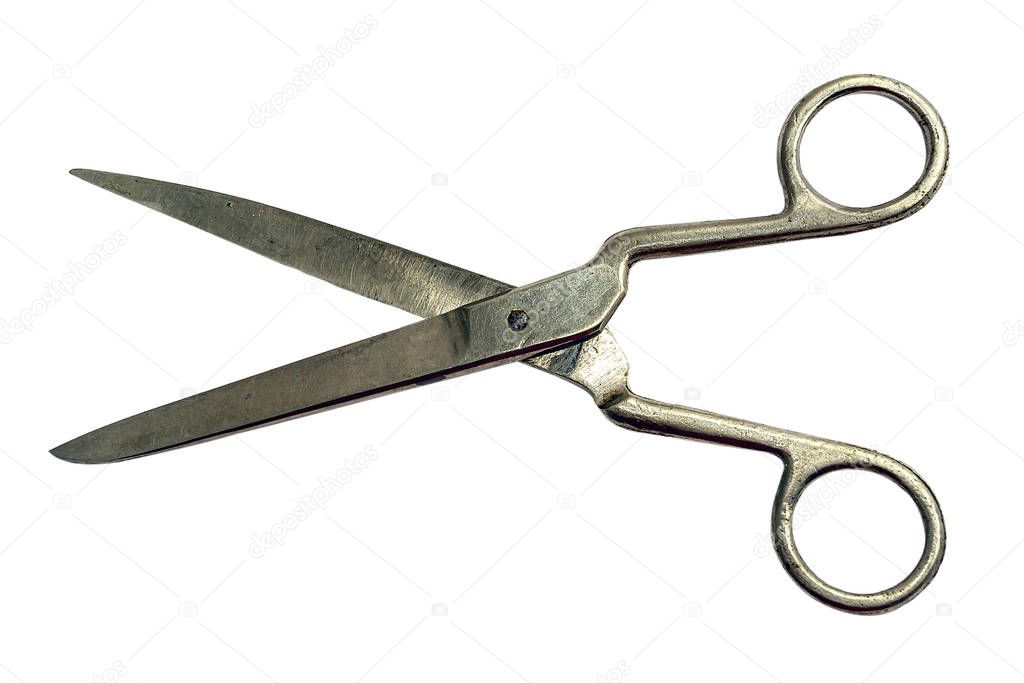 Old, vintage scissors isolated on a white background. Image for the project and design.