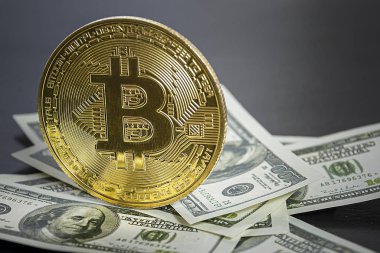 Bitcoin (yeni dijital sanal para) ve dolar banknotları arka planda. Dolar karşılığında kripto para değişimi. Dünya çapında bir şifreleme ve dijital ödeme sistemi için kavramsal görüntü.