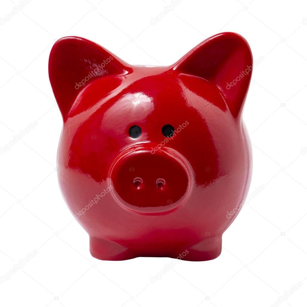 Front view red piggy bank, isolated on a white background.