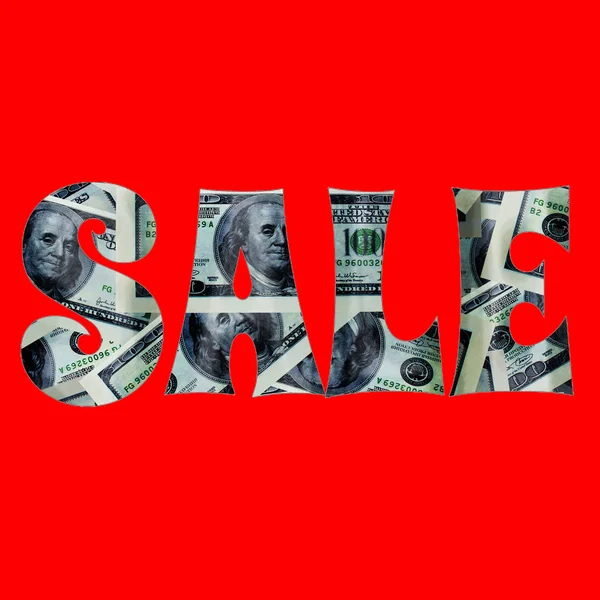 Banner Sale with the image of dollars inside. text is isolated on red background. Image for project or design. — Stock Photo, Image