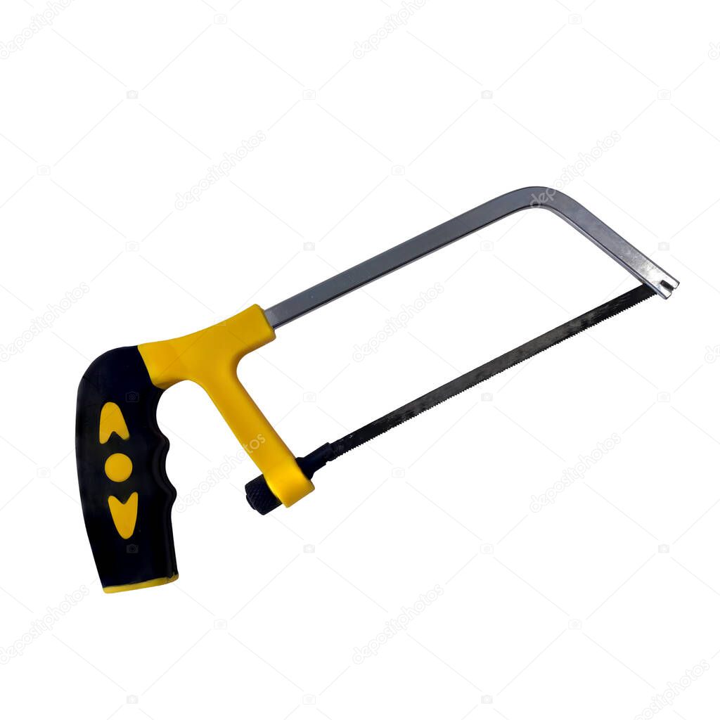 Hand saw for metal isolated on a white background. Saw with a black and yellow handle and blade after work.