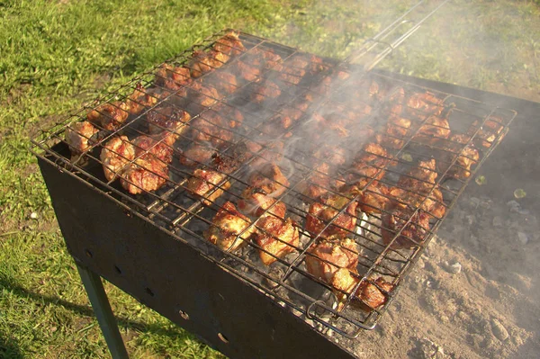 Grilled meat in the process of cooking. The concept of natural food, outdoor recreation. — Stock Photo, Image