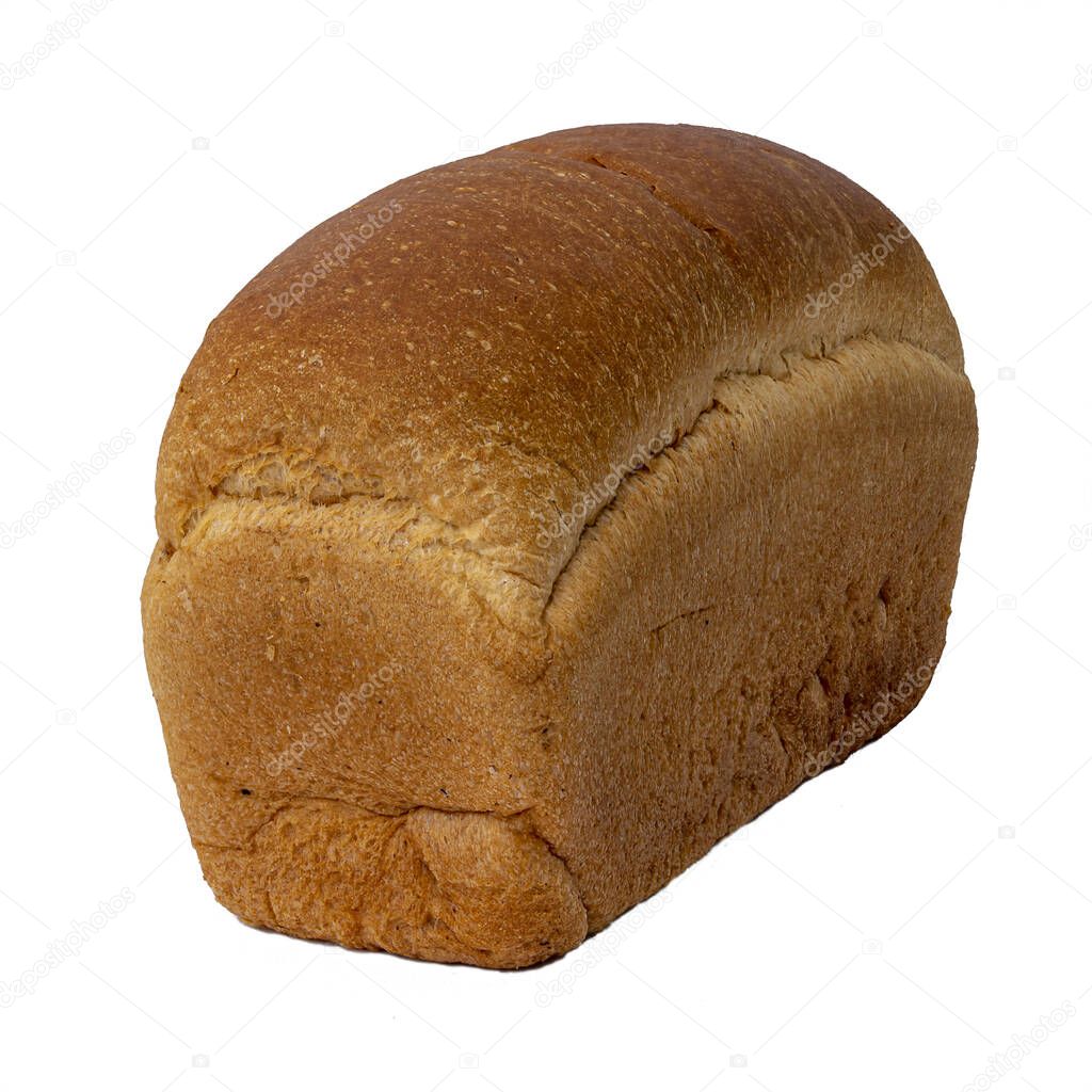 Loaf of white rectangular wheat bread on a white background. Fresh bread.