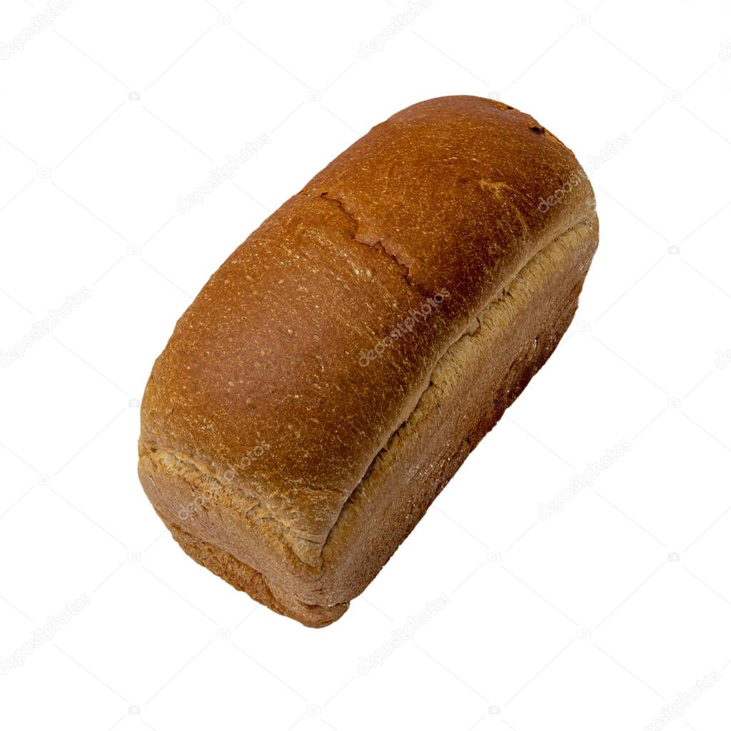 Loaf of white rectangular wheat bread on a white background. Fresh bread.