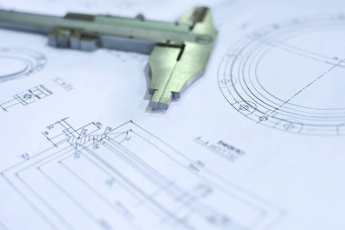 Yakın plan mühendislik çizimi ve kalibre. Teknik arkaplanı kavra.