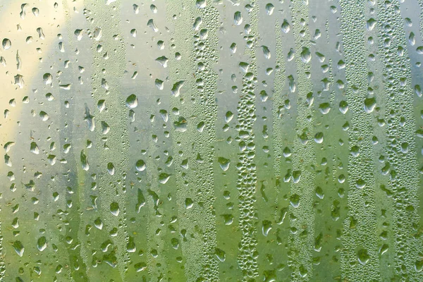 Влажная прозрачная пластиковая пленка с капельками воды после дождя. Вода капает близко. Дождевой фон. Дождевая погода — стоковое фото