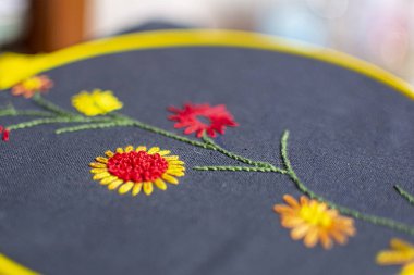 Soft focus.Background with embroidery on dark fabric in an embro