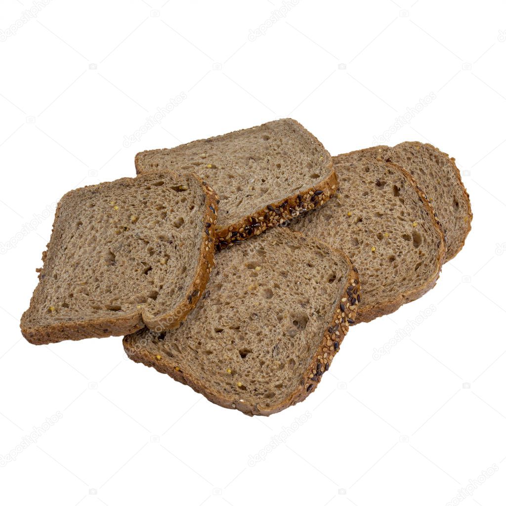 Several pieces of bread with cereals isolated on a white background.