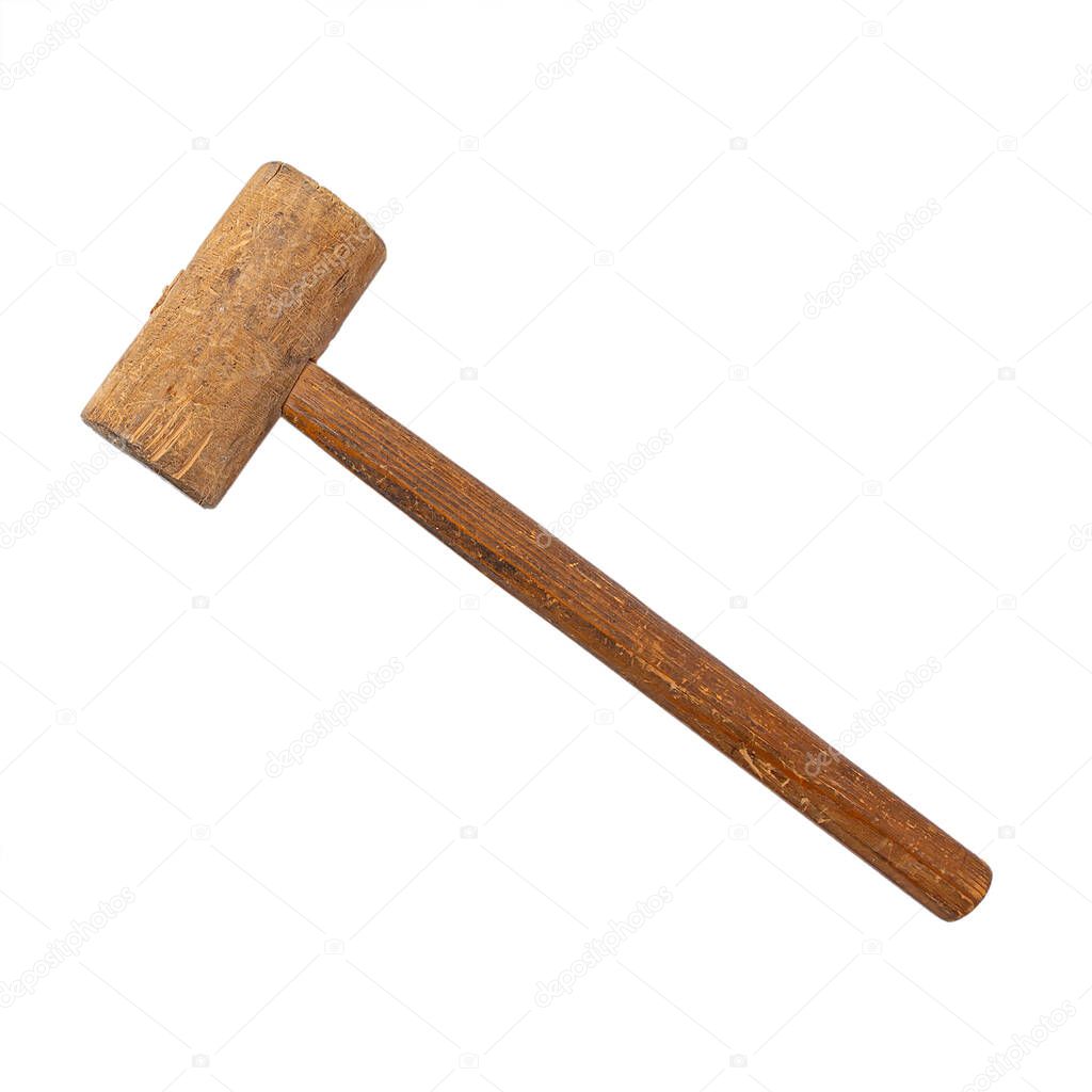 Old wooden hammer. Gavel isolated on a white background.
