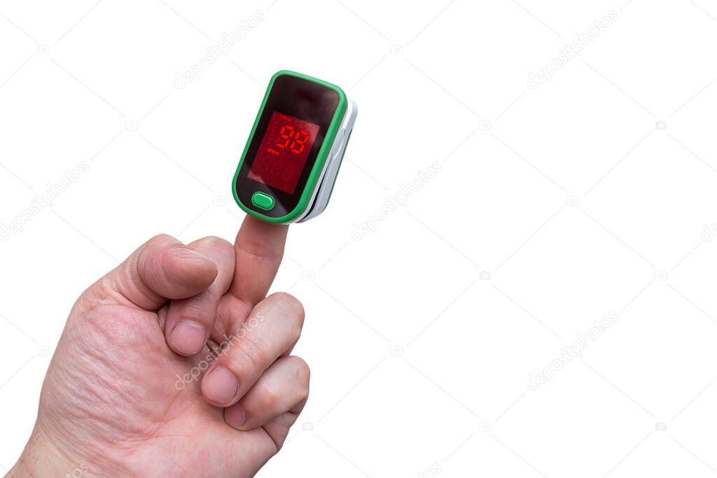 Middle finger, offensive gesture. Fuck You Hand Gesture. Hand gesture signal. Known symbol and sign. Pulse Oximeter on Middle Finger Isolated on a White Background. Concept: mers covid 19