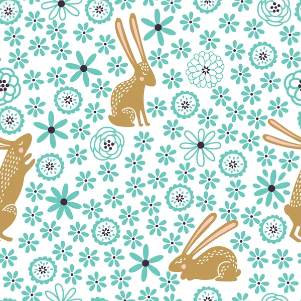 Seamless floral pattern with cute little rabbits — Stock Vector
