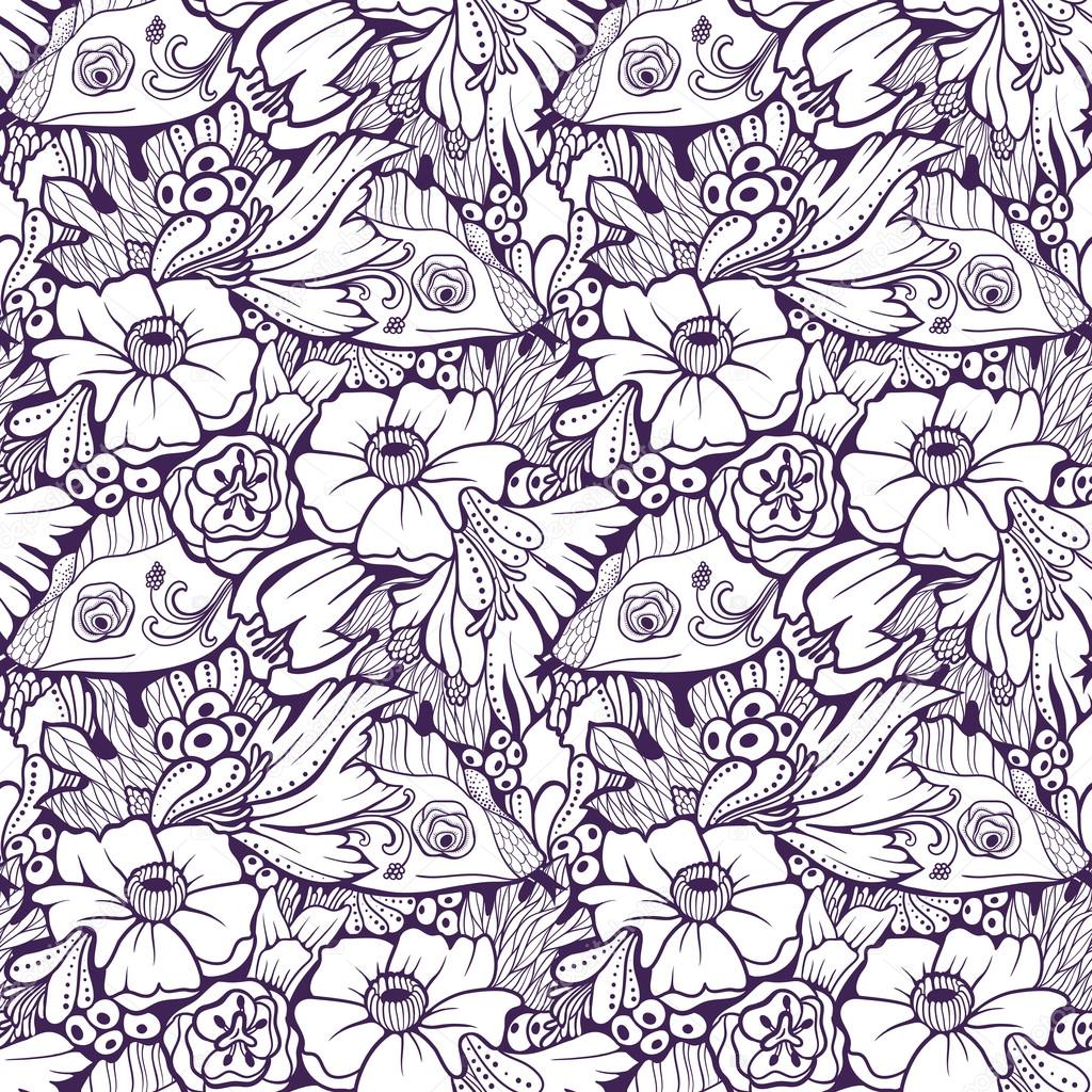 Seamless floral pattern with lizards