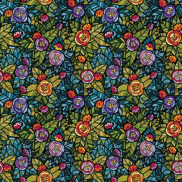 Fleurs et coccinelles motif sans couture — Image vectorielle