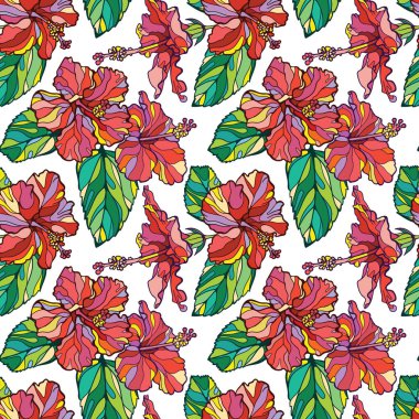 Hibiscuses ile renkli kesintisiz vektör tropikal desen