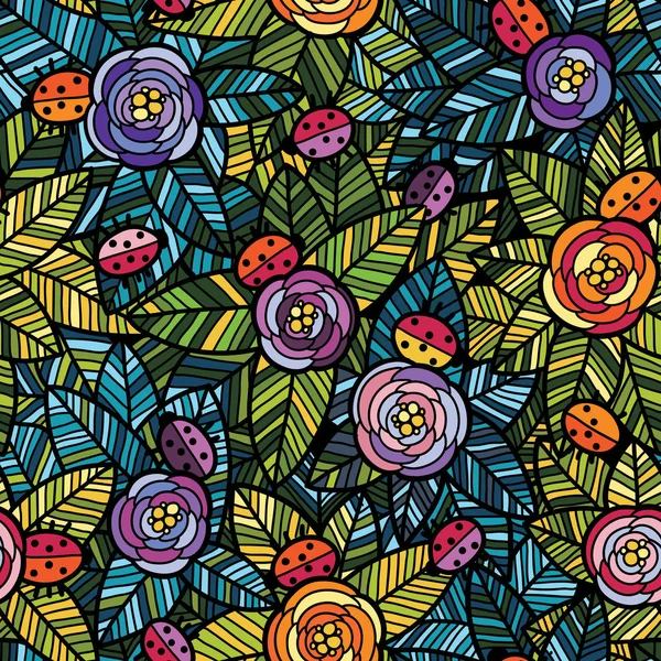 花とテントウムシのシームレス パターン — ストックベクタ