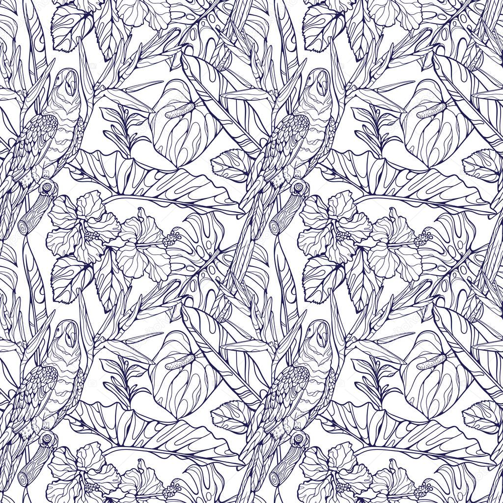 Seamless vector tropical pattern with ara parrot