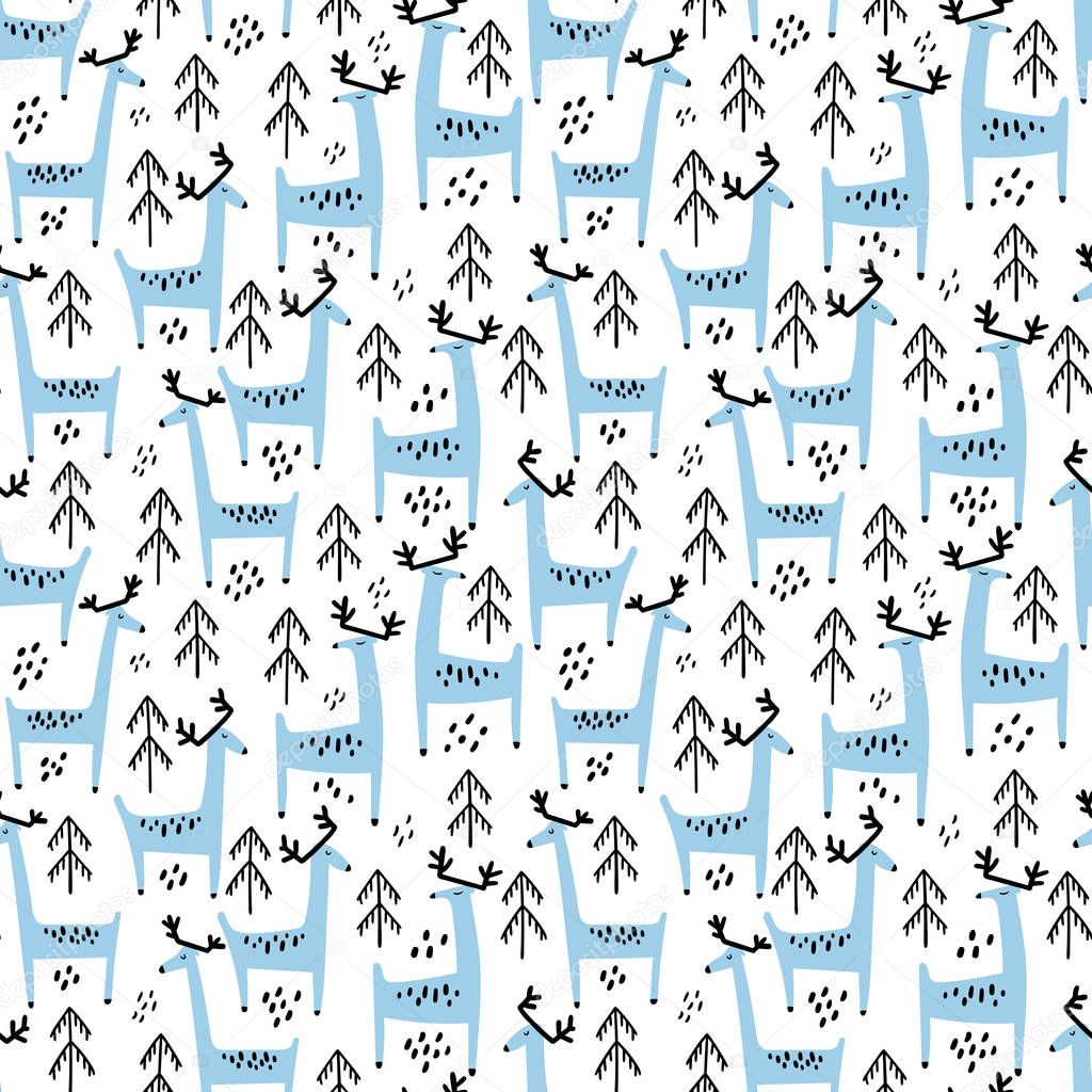 Blue deer vector seamless pattern