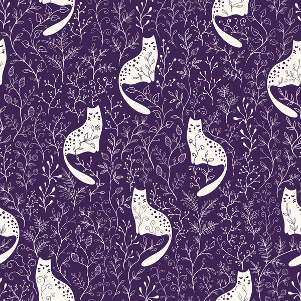 Naadloze floral vector patroon met witte katten Rechtenvrije Stockillustraties